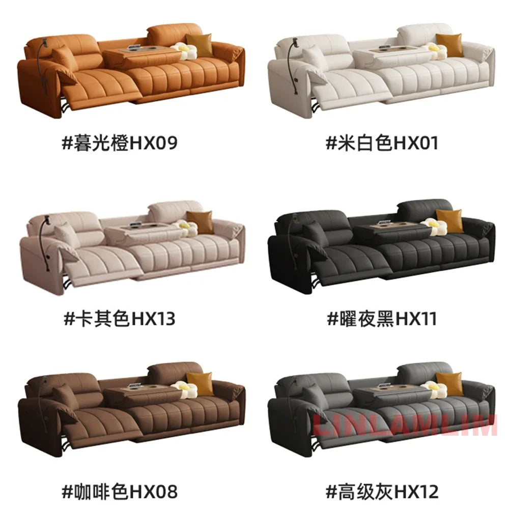 Italian Genuine Leather Electric Reclining Sofa With Adjustable Footrest USB And Foldable Center Console — Caramel Tan | KIMLUD
