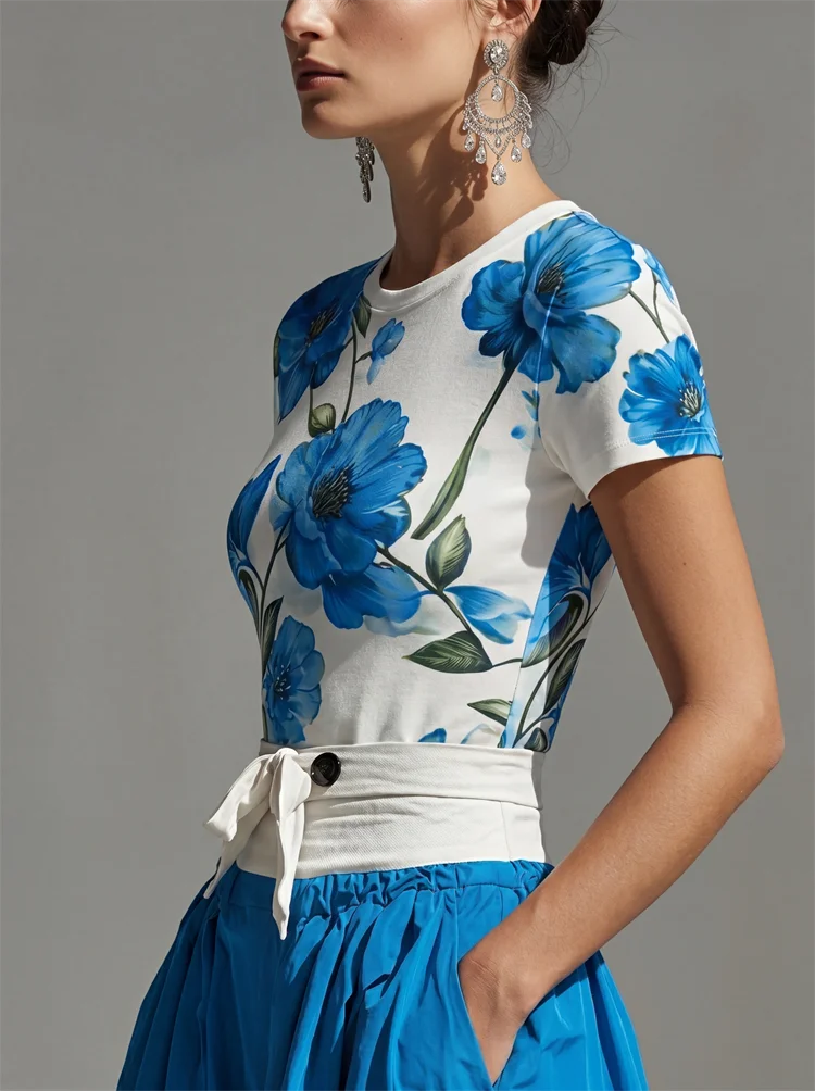 T-Shirt – Floral Print – Polyester – Blue | KIMLUD
