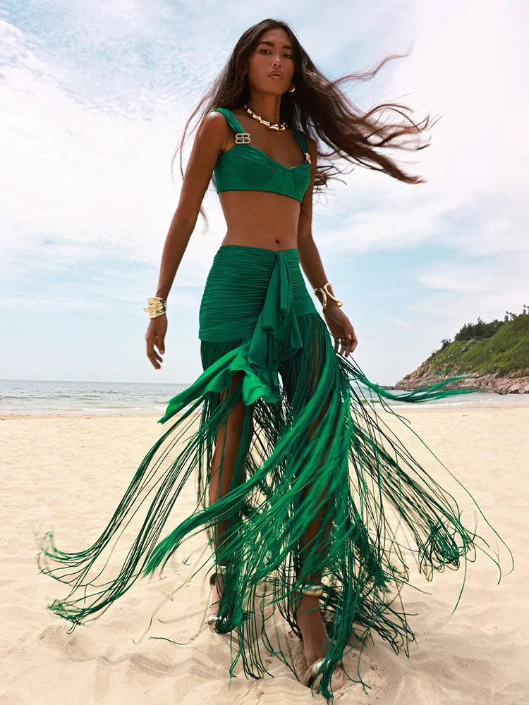VC Fashion Summer Beach Green Tassel Dress And Cropped Top Set Ruched Waist Design for Vacation Party