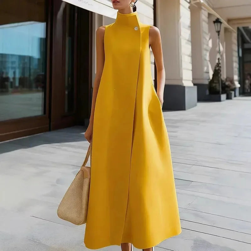 Maxi Dress – High Neck Button Detail – Polyester | KIMLUD