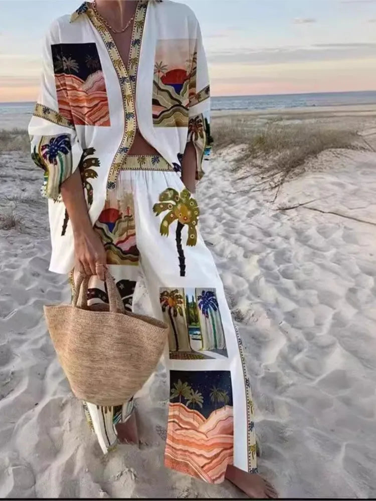Two Piece Set – Casual Printed – Wide Leg Pants | KIMLUD