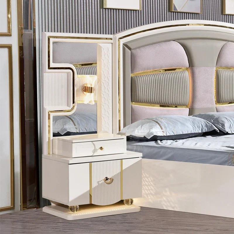 Leather King-Size Bed Set With Nightstands, Wardrobe, And Dressing Table — White | KIMLUD