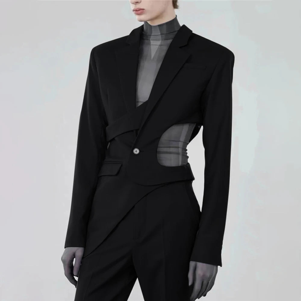 VGH Solid Hollow Out Casual Irregular Blazers For Women Notched Collar Long Sleeve Spliced Button Temperament Blazer Female New - KIMLUD