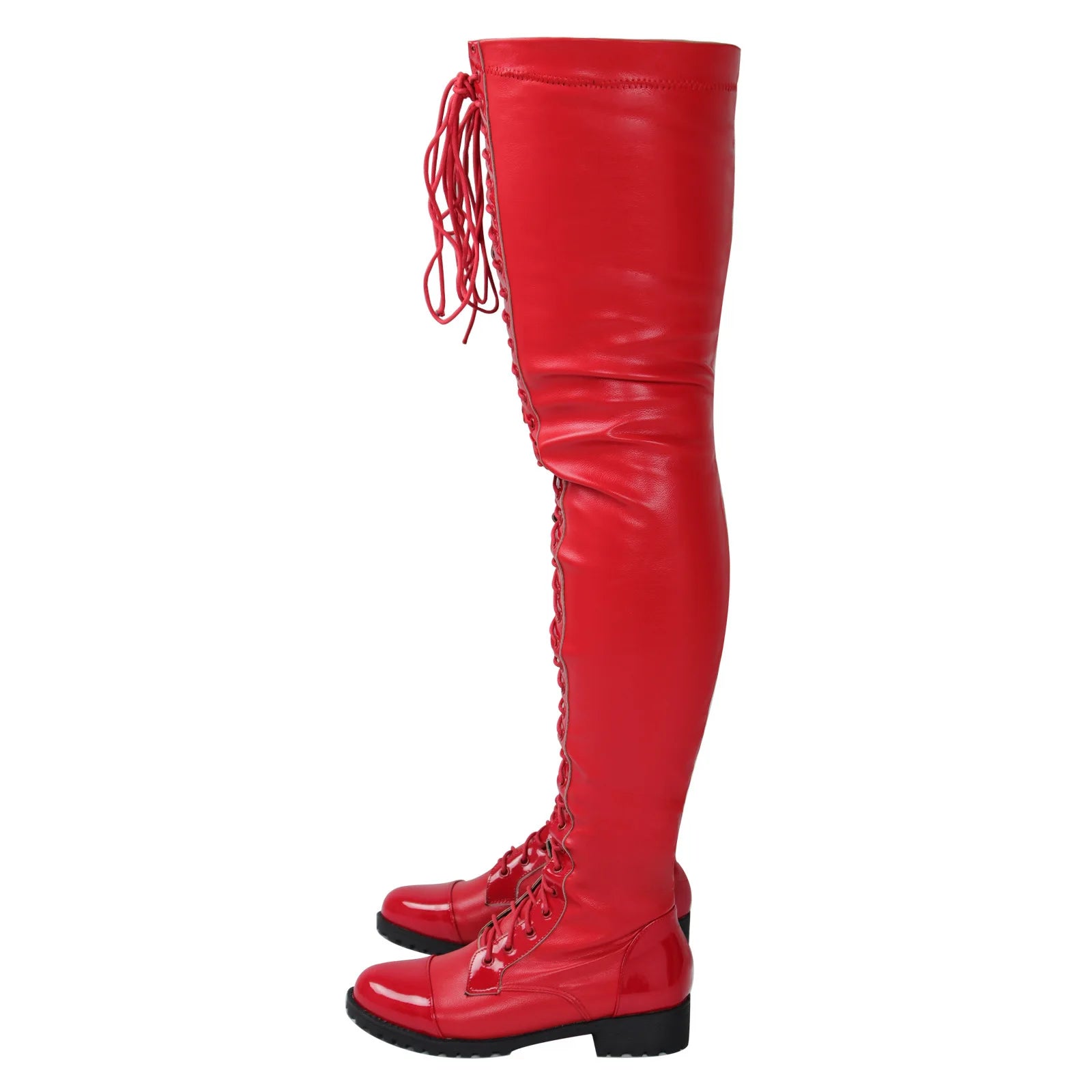 Low Heel Winter Boots Women 3.5CM Chunk Heels Nightclub Queen Lace-up Zipper Shoes Black Thigh High Boots Large Size 43 44 45