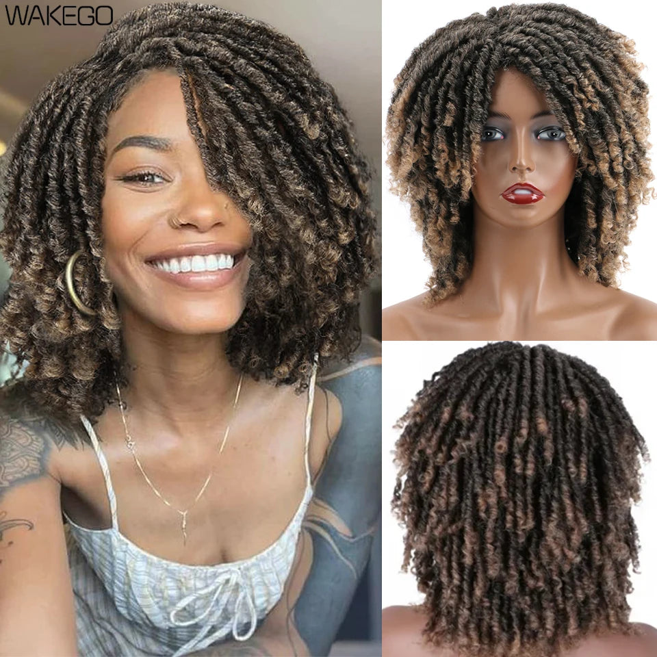 Short Dreadlock Wig Curly Synthetic Twist Faux Locs — Multicolor | KIMLUD