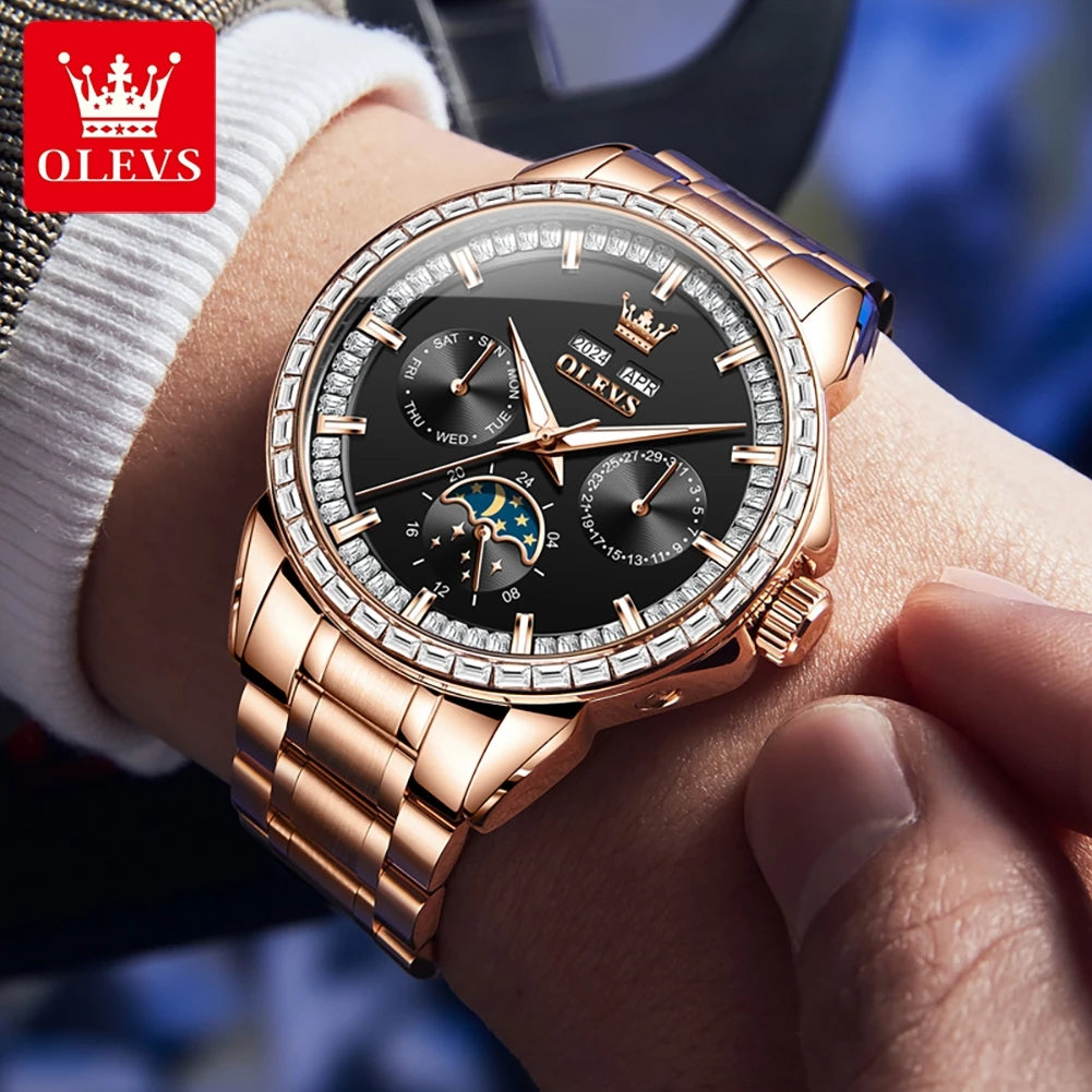 Rose-Gold Moon Phase Diamond Bezel Watch — Black | KIMLUD