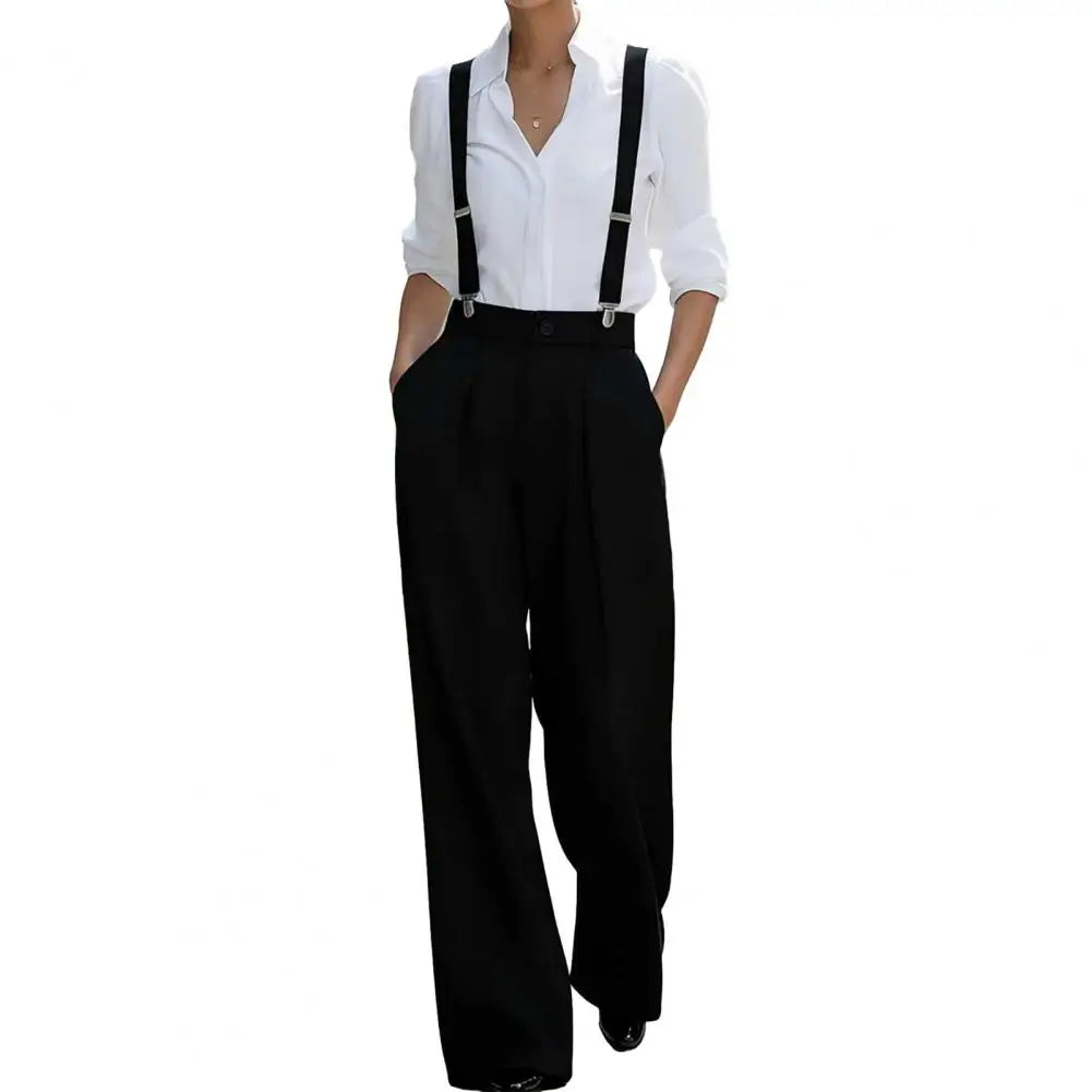 Wide Leg Suspender Trousers With Detachable Gray Straps — Black | KIMLUD