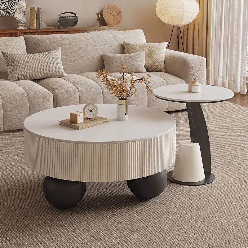 Minimalist Round Coffee Table With Storage Drawers — Ivory White | KIMLUD
