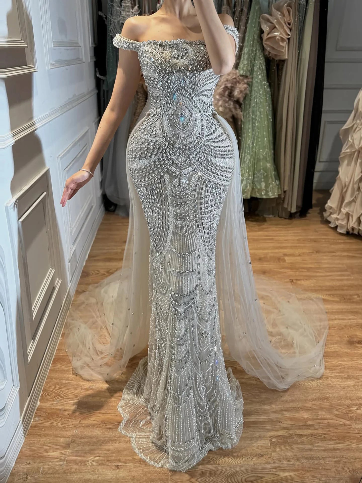 Beaded Crystal Mermaid Dress — Silvery Nude | KIMLUD