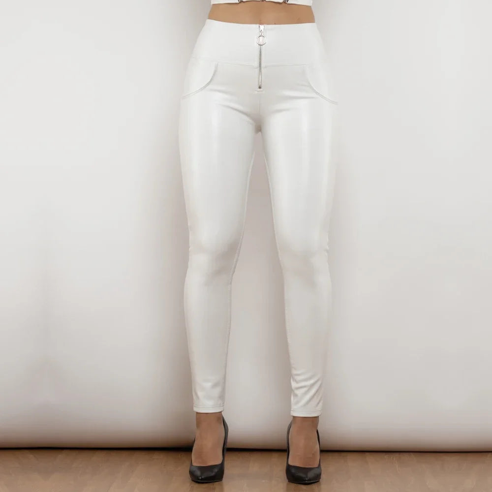 Shascullfites Melody High-Waisted Metallic Leather Leggings Zipper Detail Scrunch Butt Wetlook Pants for Women