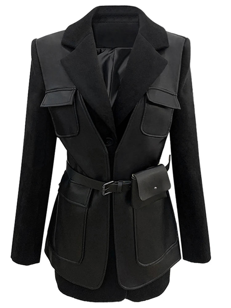 Patchwork Leather Jacket – Pockets – Faux Leather PU – Black | KIMLUD