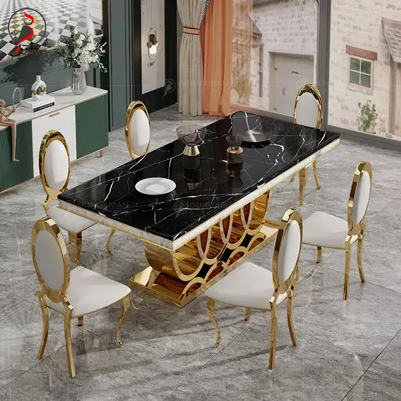 Sleek Stainless Marble Dining Table Set — Gold | KIMLUD