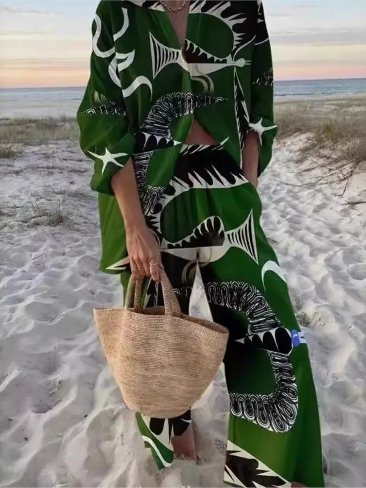 Two Piece Pant Set – Print Shirt and Wide Leg Pants – Broadcloth | KIMLUD
