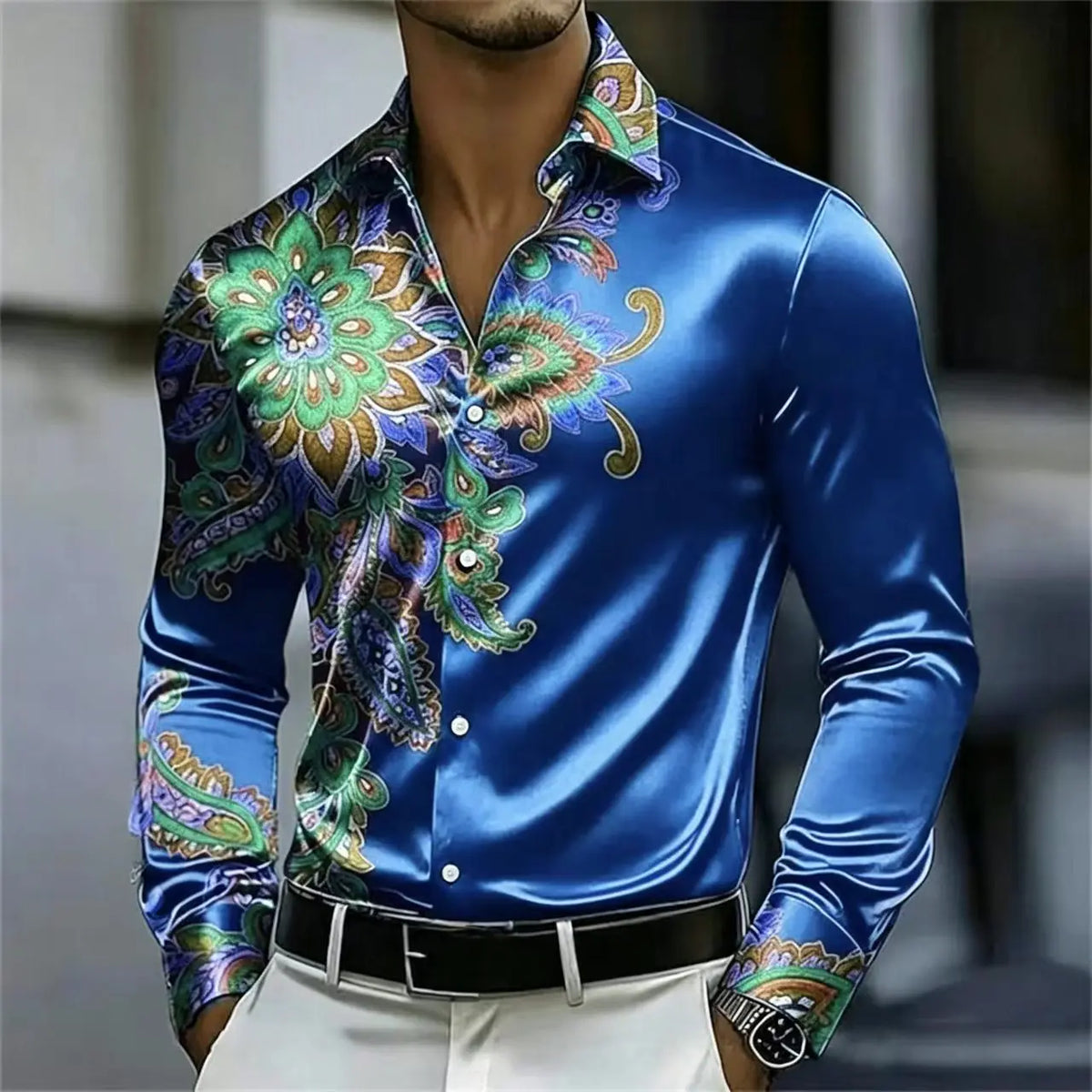 Men's Satin Paisley Print Shirt – Silk Polyester | KIMLUD