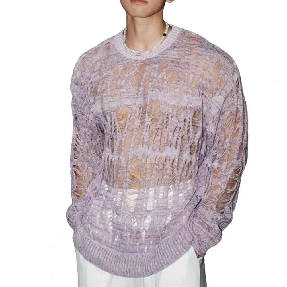 Hollow-Out Mesh Knit Top Crew Neck Long Sleeve — Black | KIMLUD