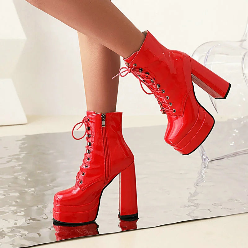 2022 Winter Women Ankle Boots Platform Square High Heel Ladies Ankle Boots Patent PU Leather Cross Tied Women's Shoes Big Size