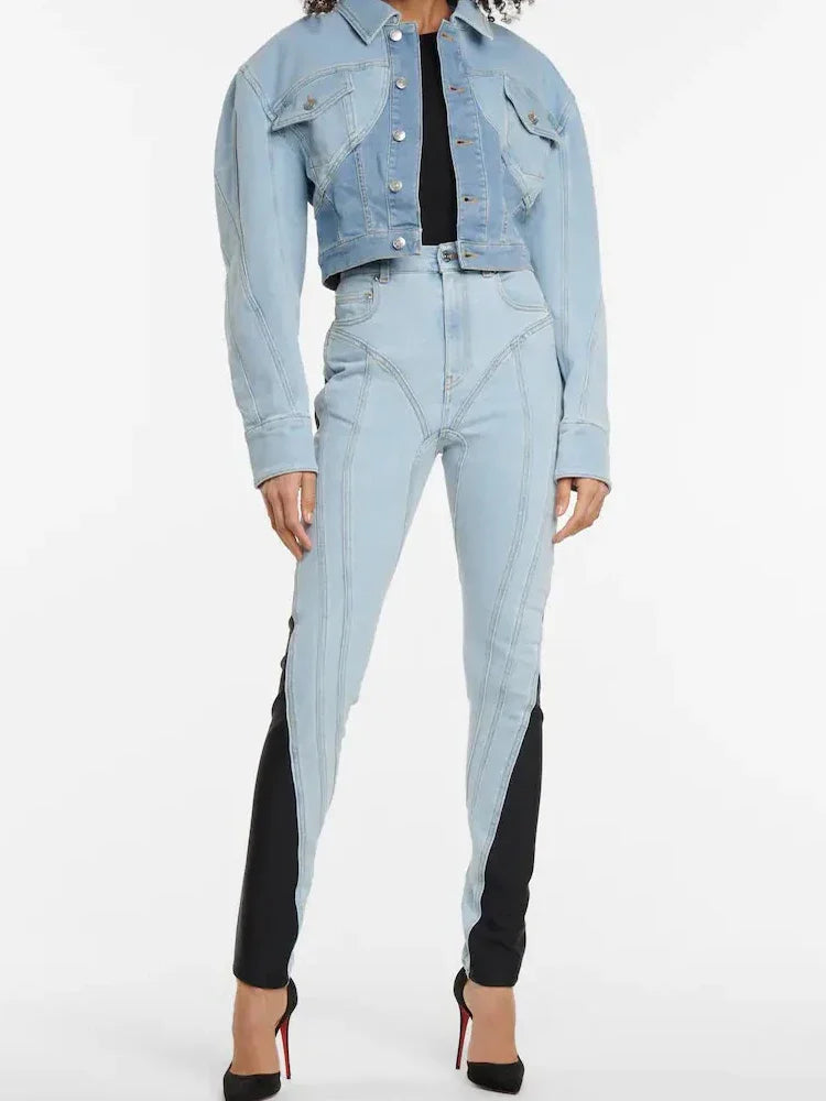 Patchwork Colorblock Women's Jeans High Waist Slim Casual Straight Denim Pencil Pants Female Fashion