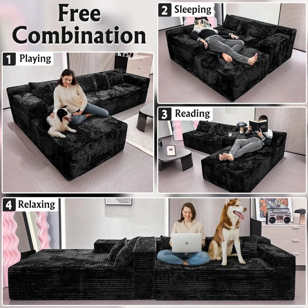 Corduroy Modular Sectional Sofa With Chaise — Deep Black | KIMLUD