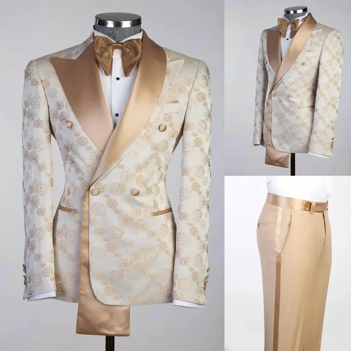 Floral Jacquard Mens Wedding Tuxedos Slim Fit Champagne Peaked Lapel Double Breasted Jacket Pants 2 Pieces