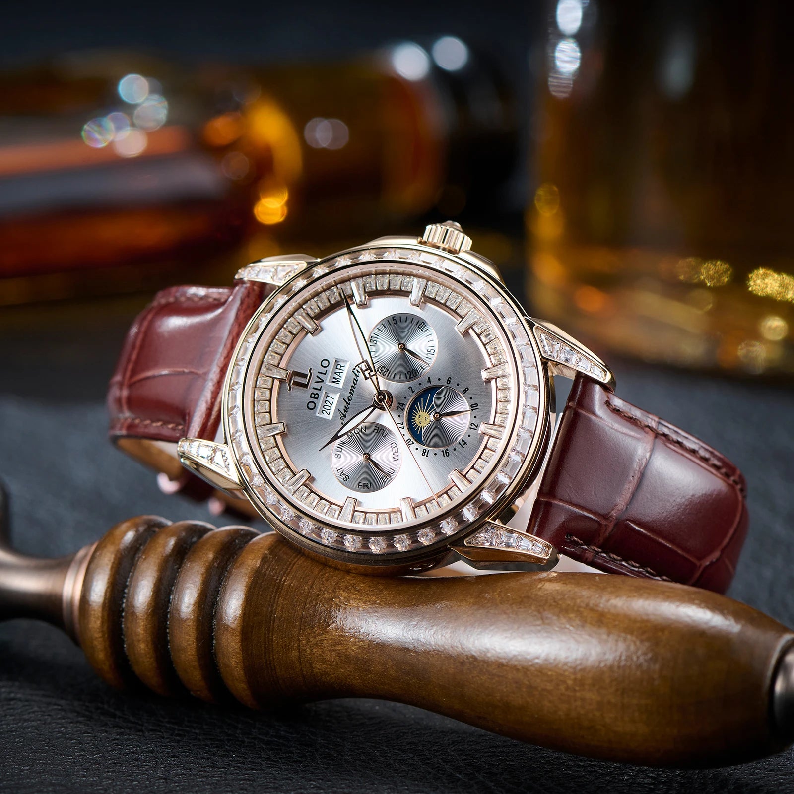 Moonphase Diamond Bezel Automatic Watch With White Dial Leather Strap — Rose Gold | KIMLUD