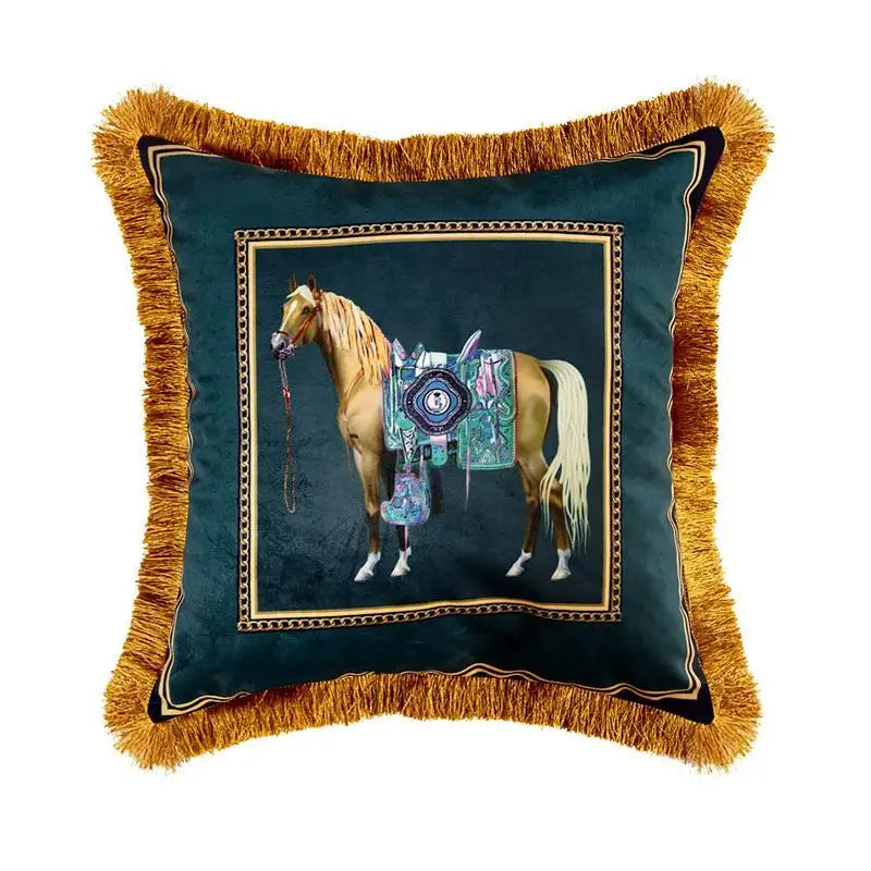 European Retro Horse Printed Pillow Cover Sofa Gold Tassel Pillowcase Velvet Fabric Cushion Cover