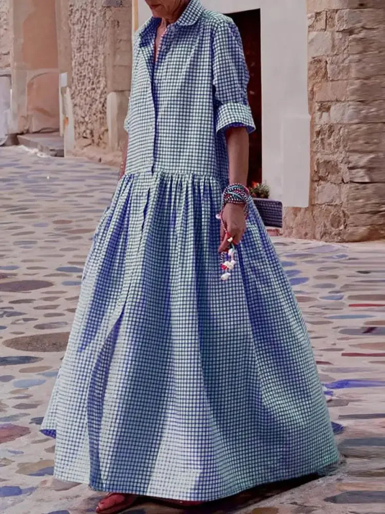 Maxi Dress – Plaid Pleated Lapel Shirt Dress – Polyester | KIMLUD