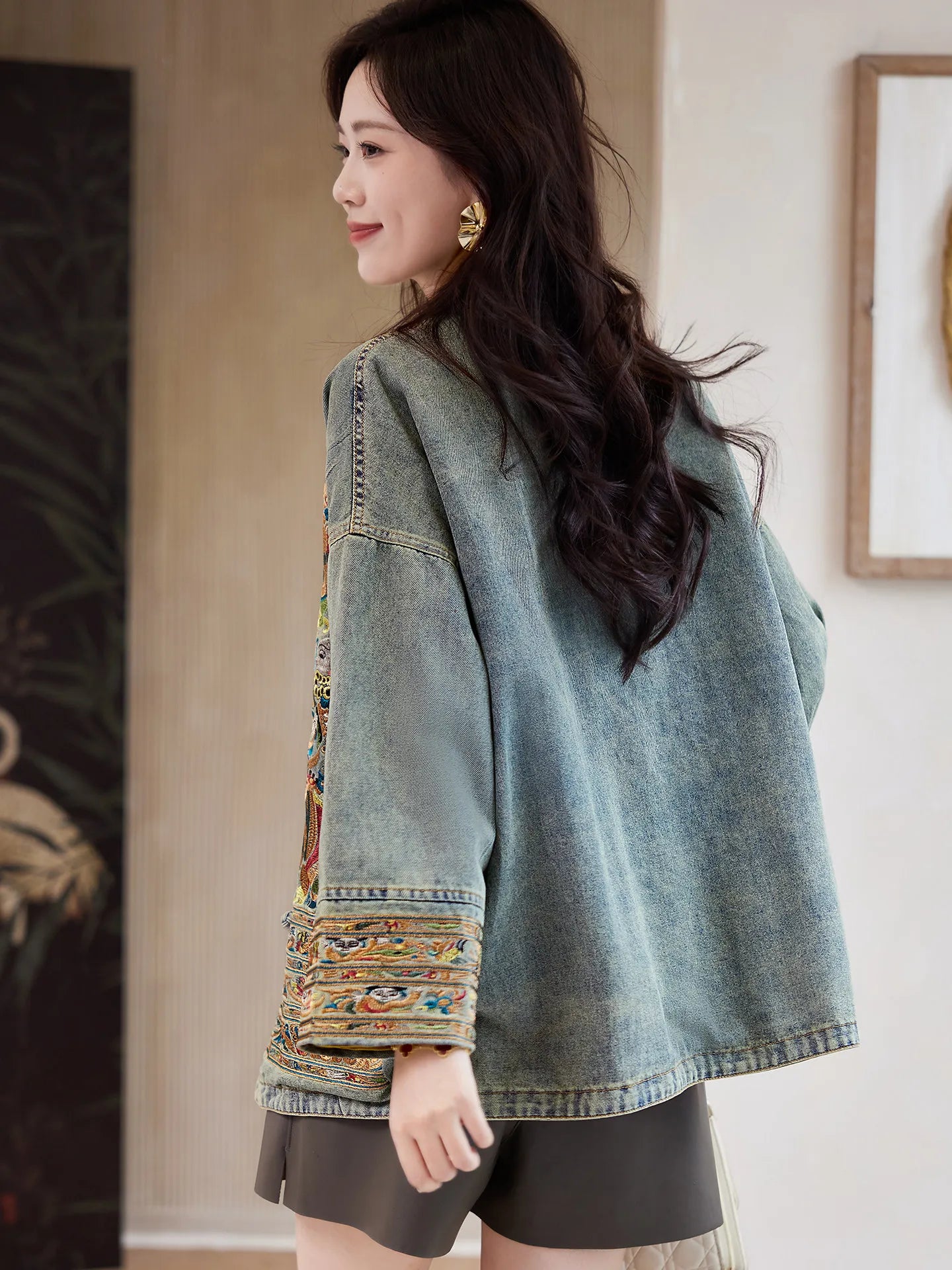Women Distressed Denim Jacket Heavy Embroidery Lucky Chinese Style 2026 Spring Loose Casual Jean Coat