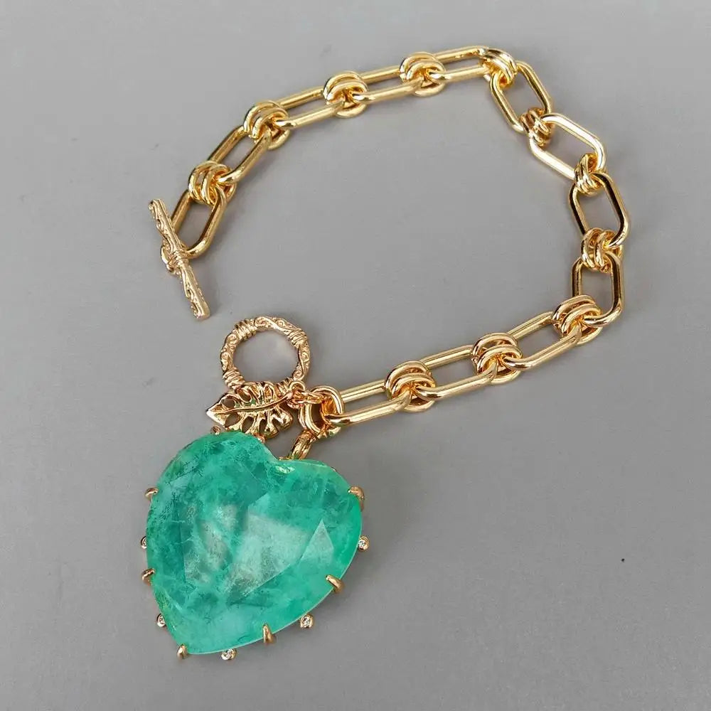 Yellow Gold Plated Heart Charm Bracelet — Green | KIMLUD