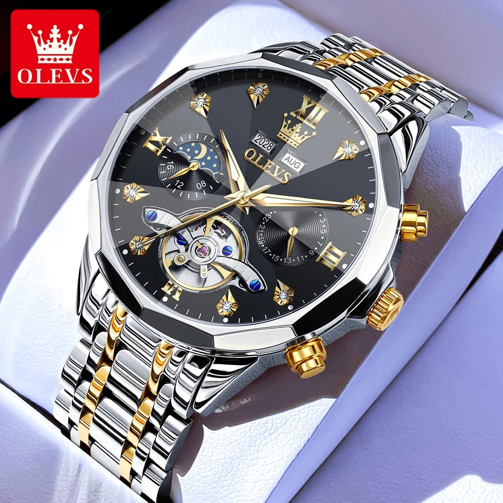 OLEVS Original Brand Men's Watches Skeleton Luminous Moon Phase Automatic Mechanical Watch Prism Mirror Fashion Top Wristwatch