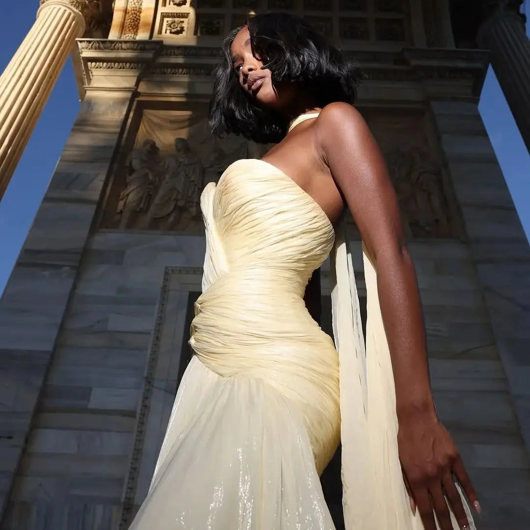 Mermaid Evening Dress – Pleated – Chiffon – Yellow | KIMLUD