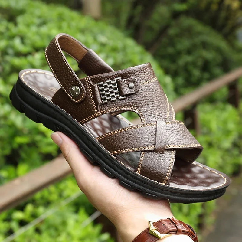 Genuine Leather Sandals Ankle-Wrap Thick-Sole Non-Slip — Cognac Brown | KIMLUD