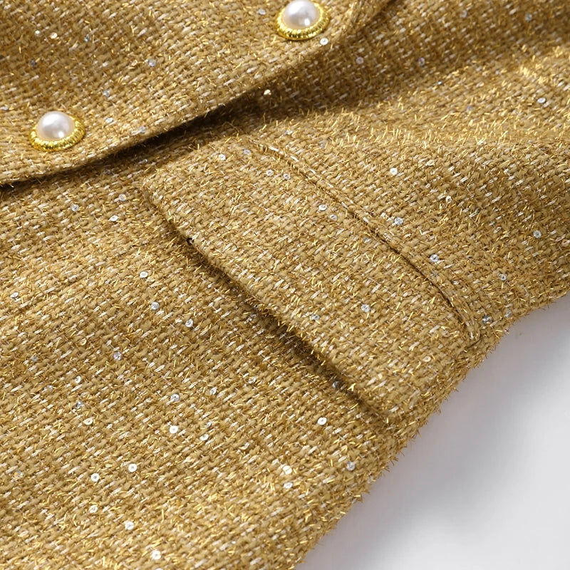 Elegant V-neck Sequin Blazer Women Double Breasted Full Sleeves Solid Slim Jackets Lady 2025 Autumn Formal Female Outwears New