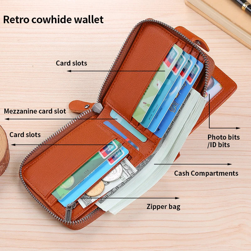Wallet – Cowhide Leather Anti-Theft – Zipper Wallet 2 Cash Slots | KIMLUD