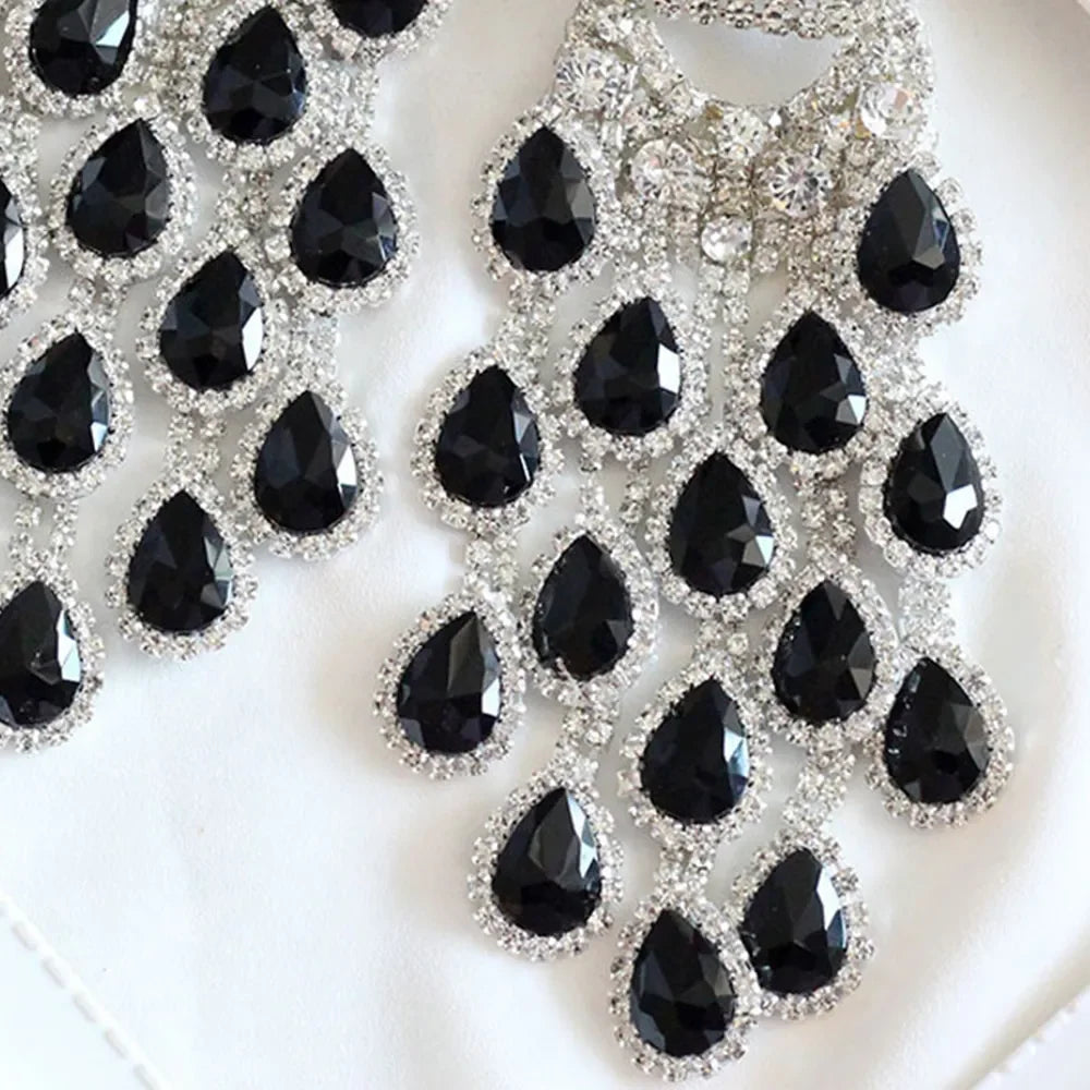 Crystal Tassel Earrings Water Drop Dangle — Black | KIMLUD