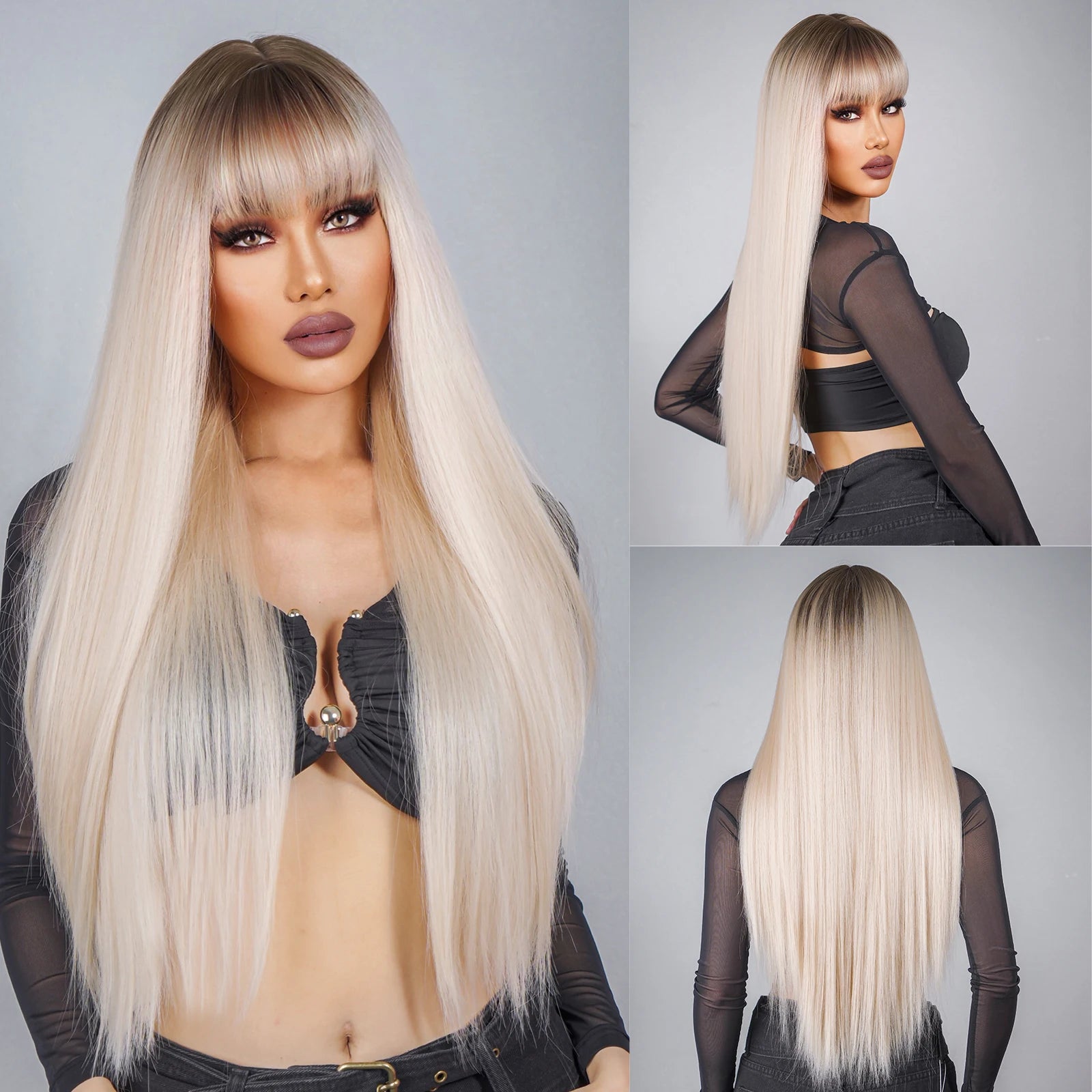 ALAN EATON Chestnut Brown Synthetic Wig with Bangs Long Straight Wig Natural Layered Hair Smooth Soft Daily Wig Heat Resistant