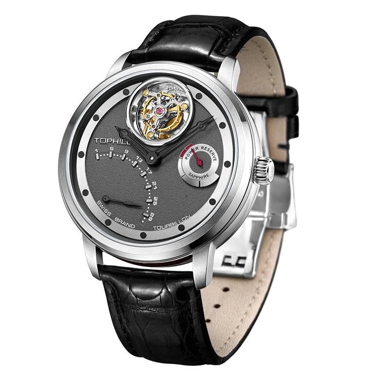 Tourbillon Wristwatch Rose-Gold Tone Case Leather Strap — Burgundy | KIMLUD