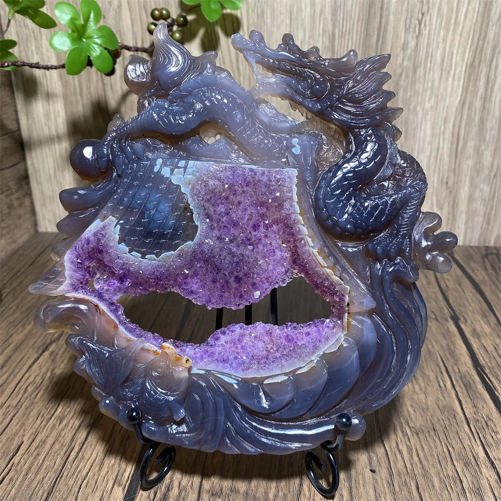 Amethyst Geode Dragon Carving Hand-Carved — Purple | KIMLUD