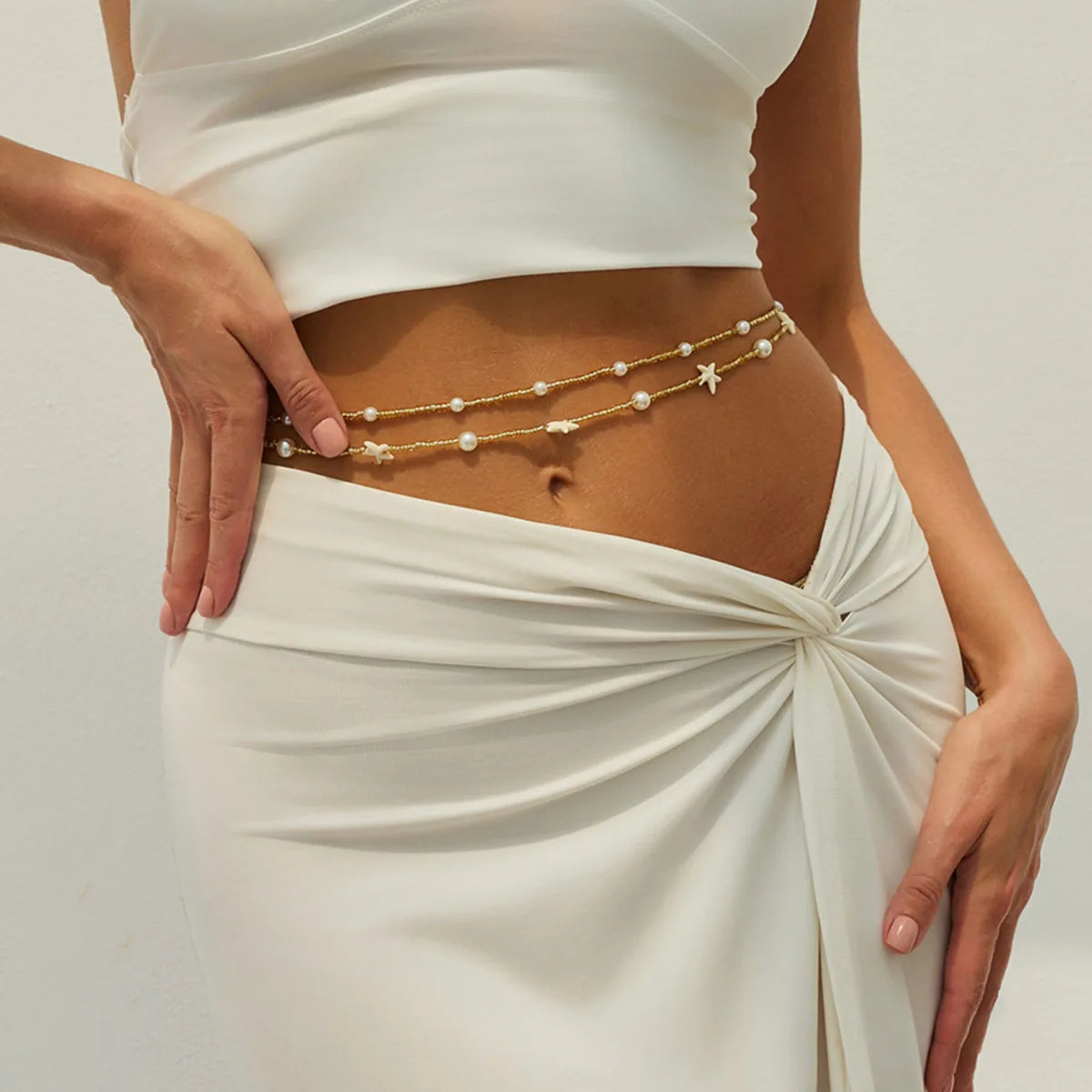 Beaded Rice Bead Waist Chain Two-Piece Set — White | KIMLUD