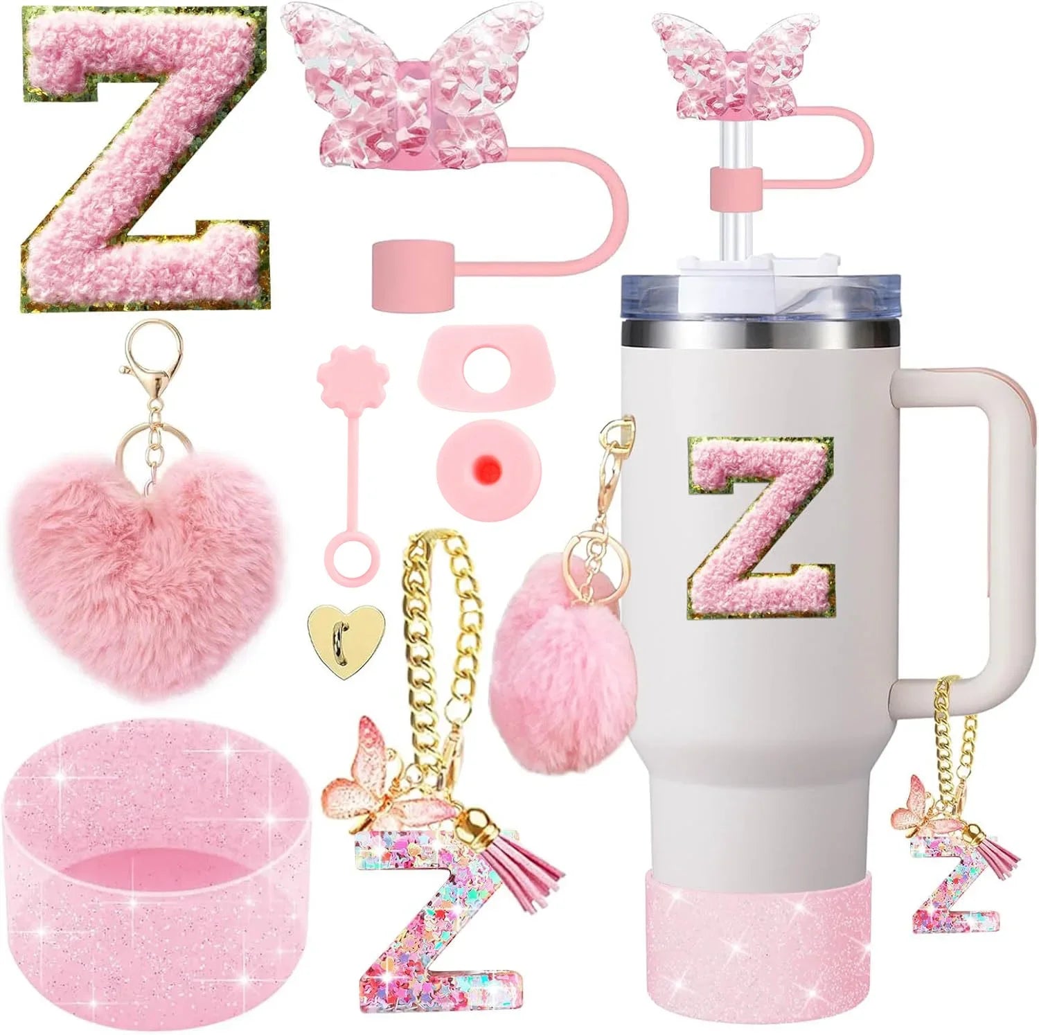 9PCS Cup Accessory Set for Stanley 30oz 40oz Butterfly Straw Cover Cap Silicone Boot Charm Initials Sticker Spill Proof Stopper