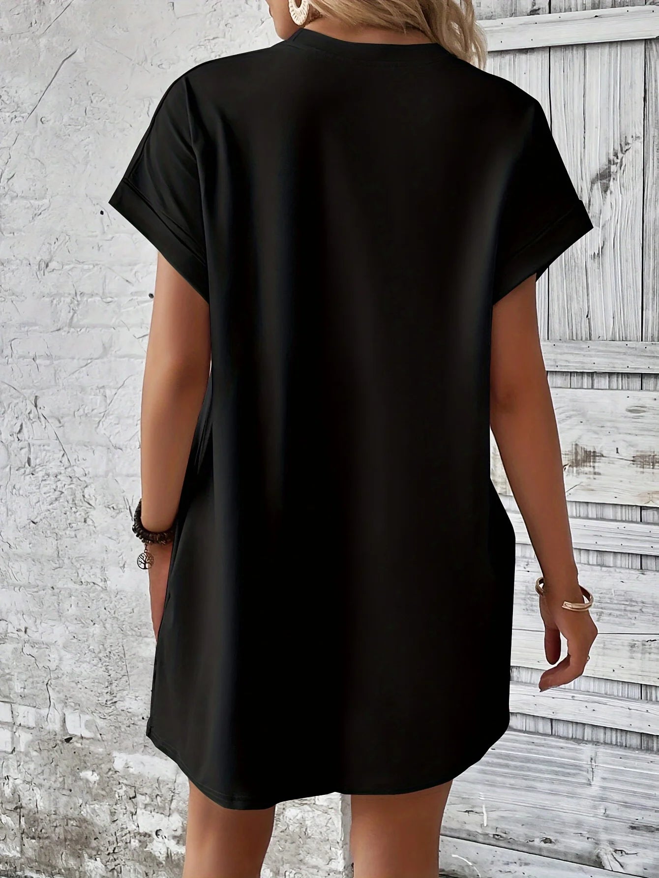 Knit Polyester Dress Three Heart Print Pockets — Black | KIMLUD