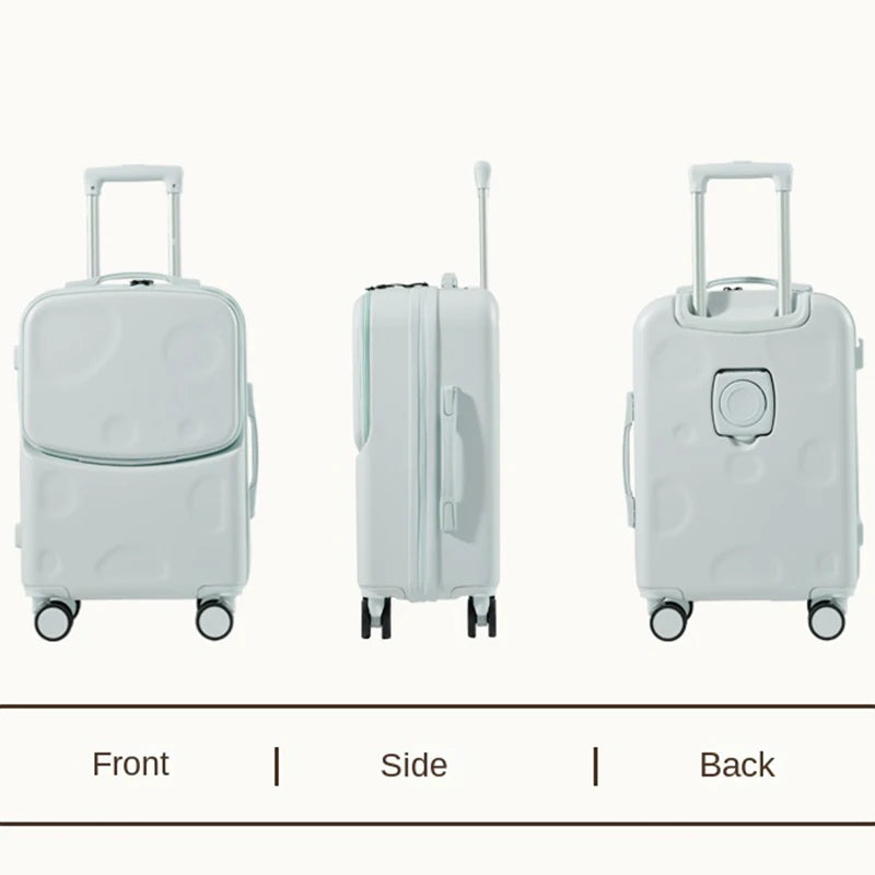 New Suitcase Front Opening Luggage with USB Cup Holder Girl Travel Wheeled Suitcases 18 20 26 Inch Suitcase Trip Cabin Carry-on