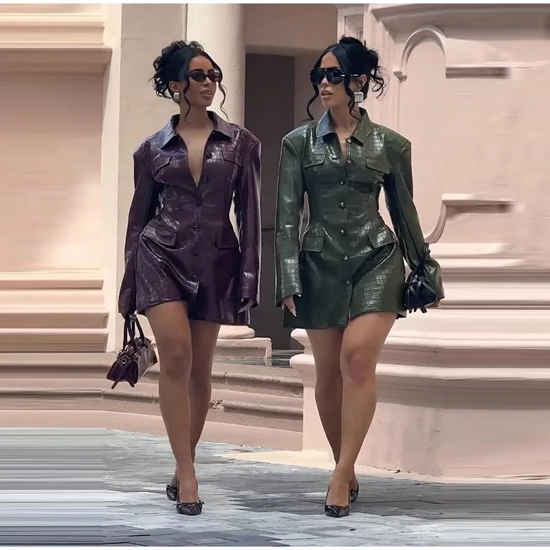 2026 Spring New Leather Blazer Mini Dress For Women Chic Lapel Long Sleeve Pockets Suit Jacket Lady Chic Single Breasted Outwear