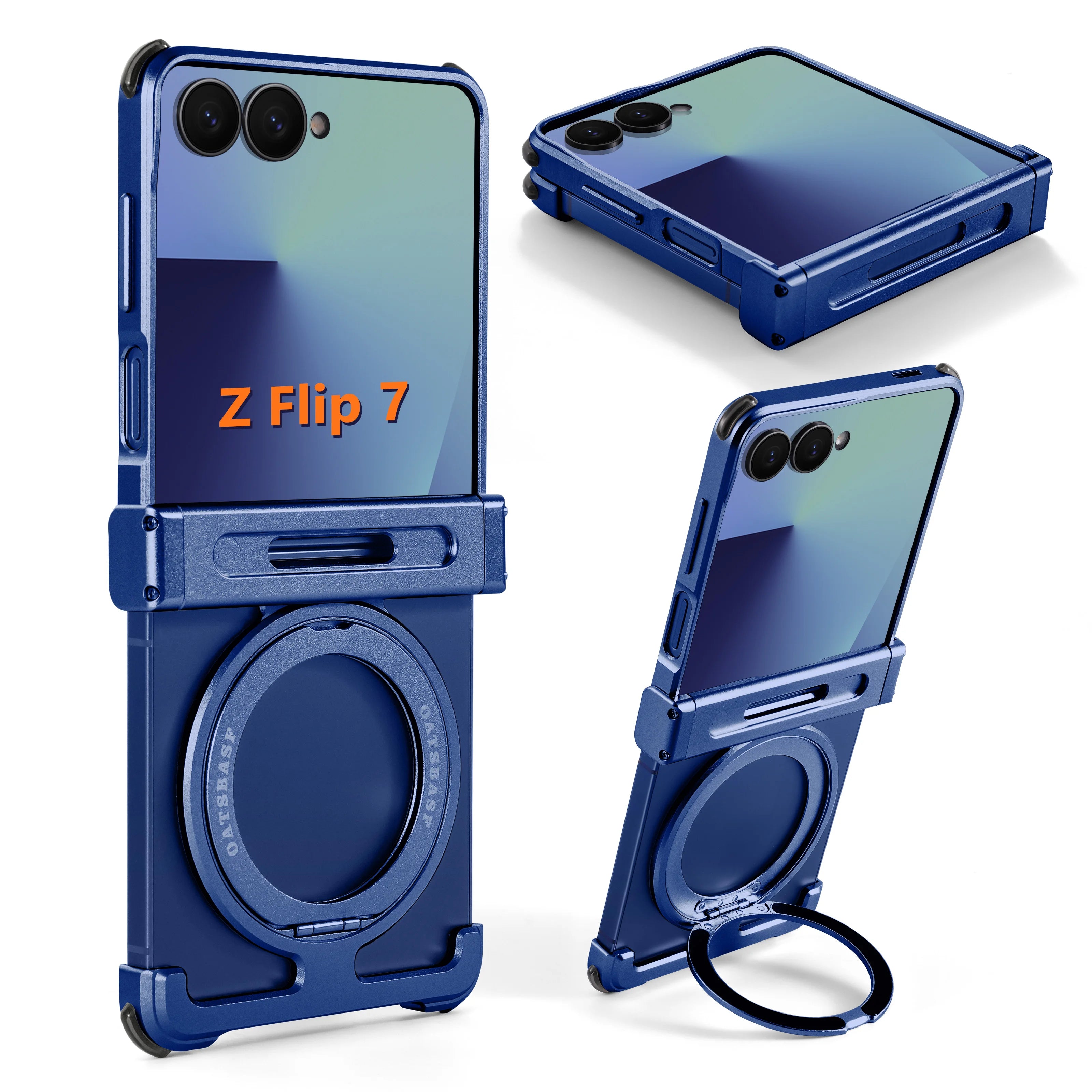 Oatsbasf Metal Frameless Phone Case for Samsung Galaxy Z Flip 7 with Kickstand 360°Rotation Magnetic Shockproof Protective Cover