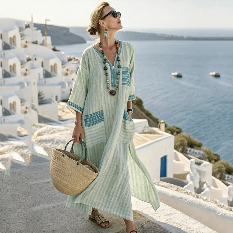 Geometric Print Polyester V-Neck Long Dress With Pockets — White | KIMLUD