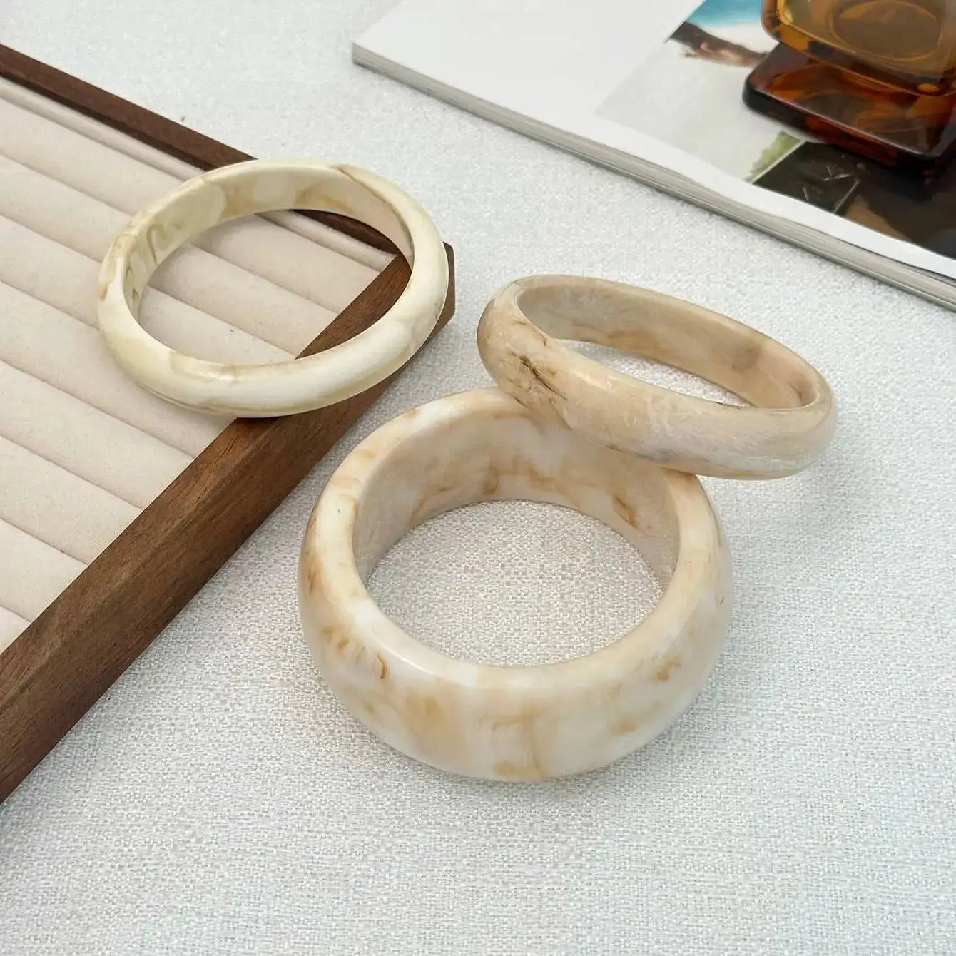 Resin Bangles Set Vintage Boho Charm Stacking — Beige | KIMLUD