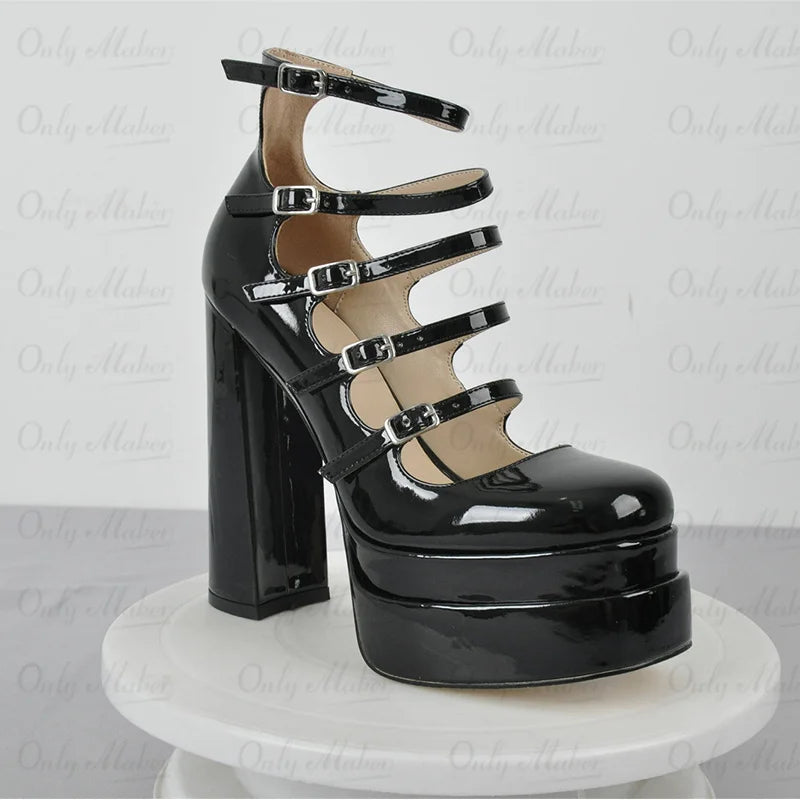 Pumps – Buckle Strap Platform – Patent Leather – Black | KIMLUD