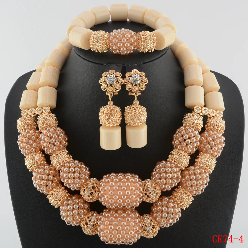 Nigerian Wedding Artificial Coral Beads Jewelry Set Golden Pendant Necklace for Women Nigeria Bridal Costume Necklace Set