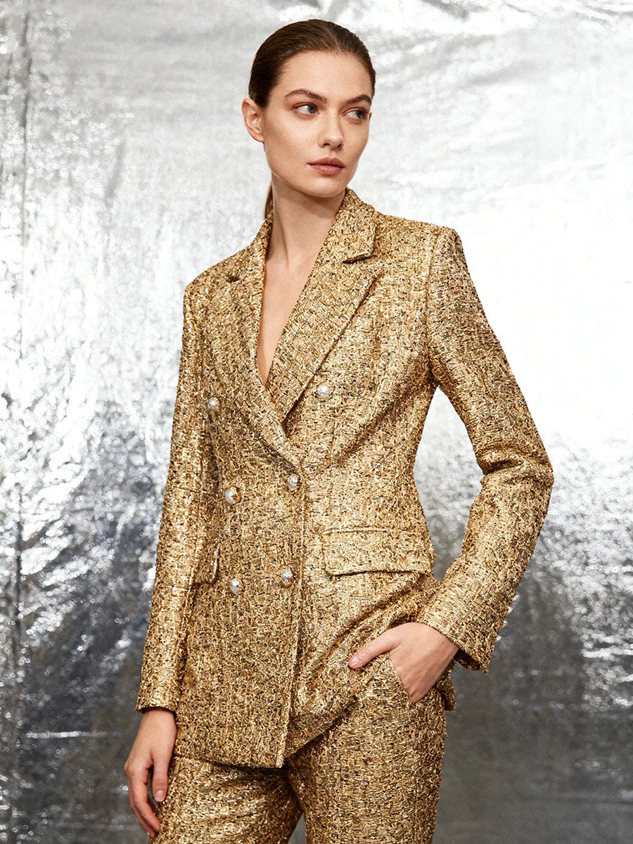 Polyester Blazer Slimming Spliced Double Breasted — Gold | KIMLUD