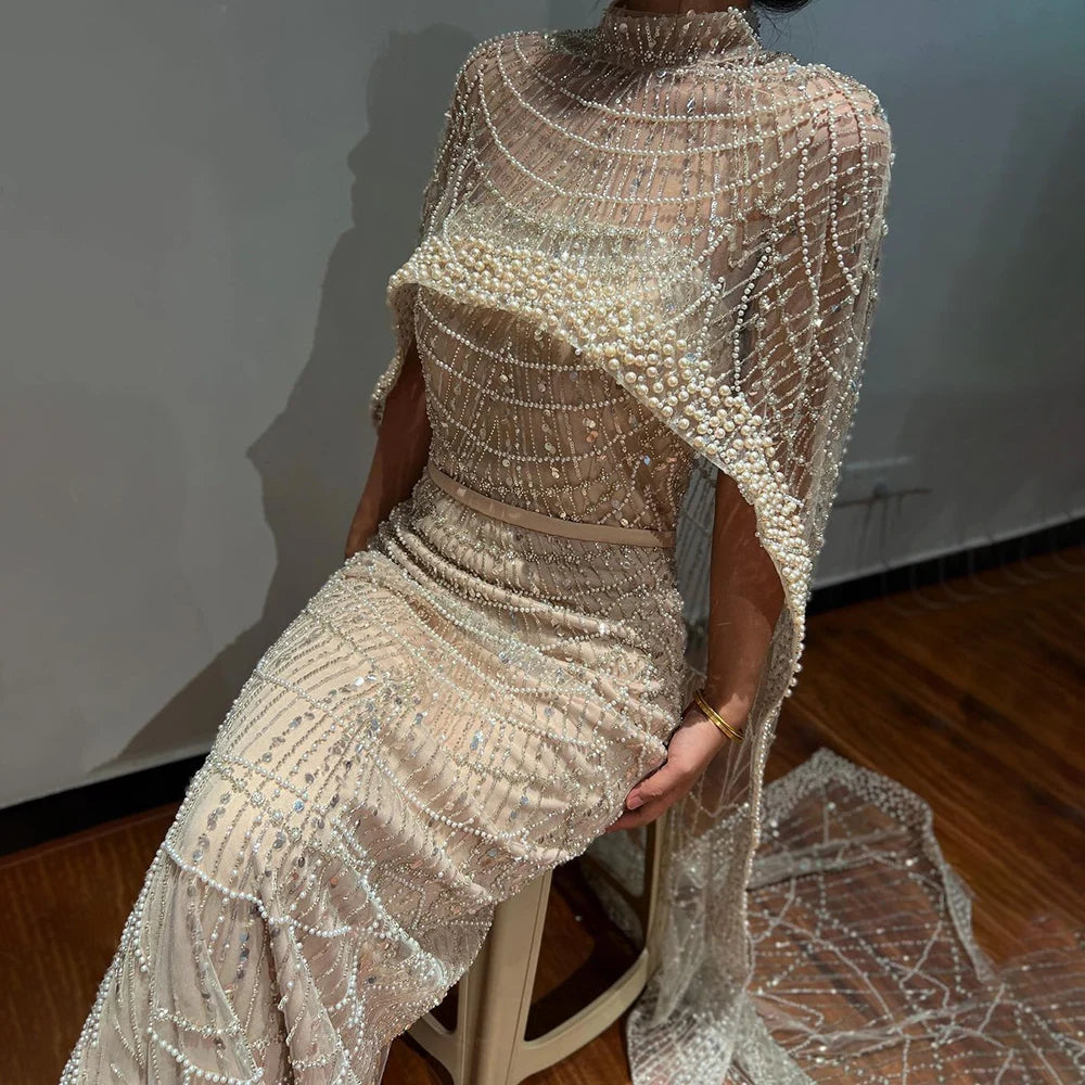 Beaded Gown With Mermaid Cape — Dubai Nude | KIMLUD