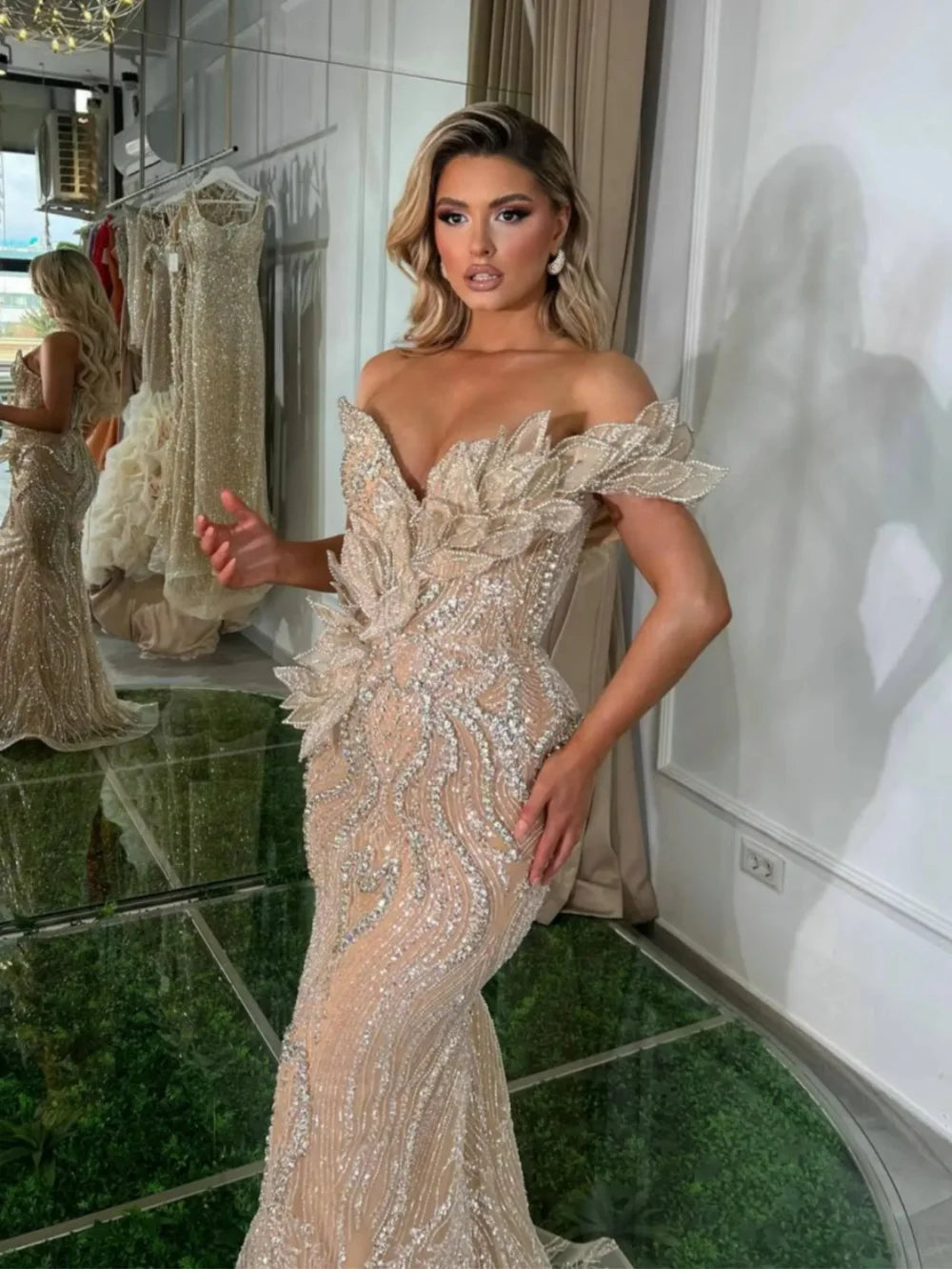 Mermaid Evening Dress – Crystal Beading – Lace – One Shoulder | KIMLUD